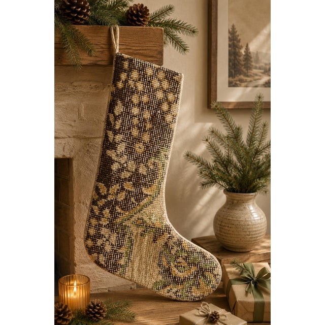 Chocolate Brown Zigzag Vintage Kilim Christmas Stocking, Wool With Olive Toe, 12.6 X 18.5 in – One of a Kind Decor For Sale - Image 9 of 10