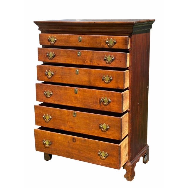 Antique New England Chippendale Chestnut Six Drawer Tall Chest on Bracket Feet For Sale - Image 4 of 12