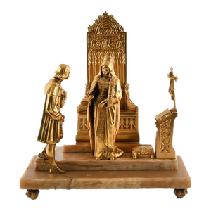 Antique Gilded Bronze Queen Isabella and Christopher Columbus Sculpture on Marble Base, Late 19th–Early 20th Century