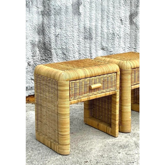 Coastal Vintage Coastal Woven Rattan Nightstands - a Pair For Sale - Image 3 of 16