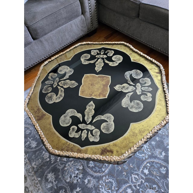 Mid-Century Modern Vintage Hollywood Regency MCM Brass-Gilded Eglomise Glass Top Accent Table For Sale - Image 3 of 6