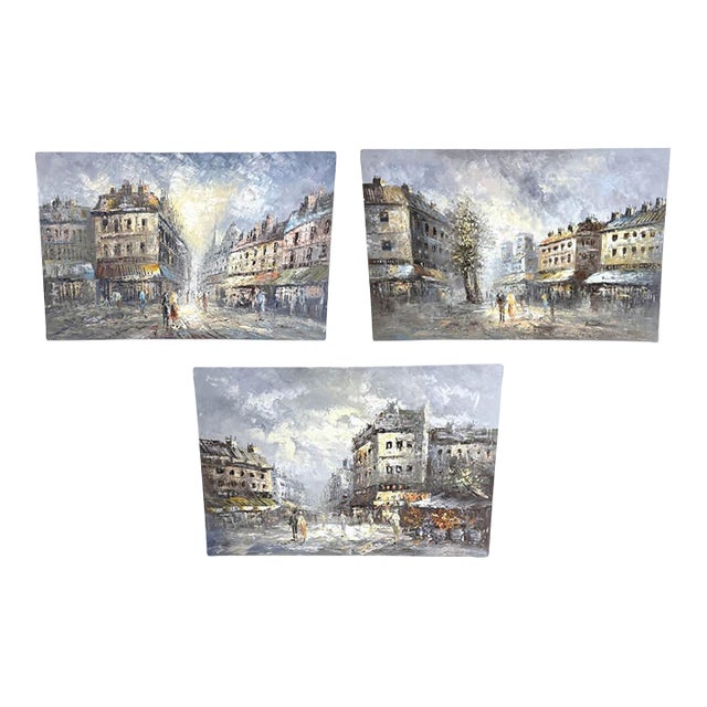 Set of Three Mid-Century Paris Street Scene Oil Paintings Signed Burnett For Sale