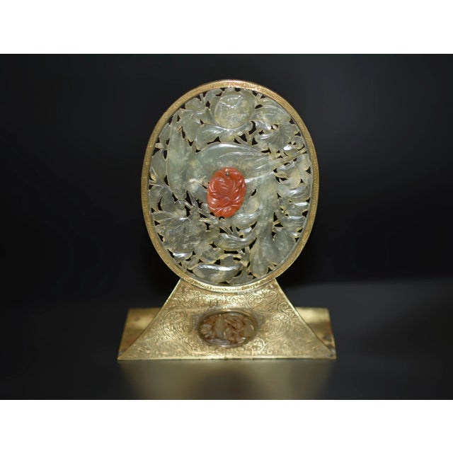 Pair Antique Chinese Serpentine Jade Red Agate Engraved Brass Bookends For Sale In Los Angeles - Image 6 of 13