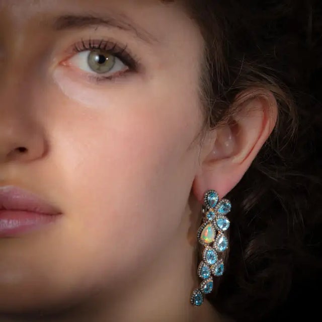 1990s Pair of Blue Topaz Diamond and Opal Dangle Earrings For Sale - Image 4 of 4