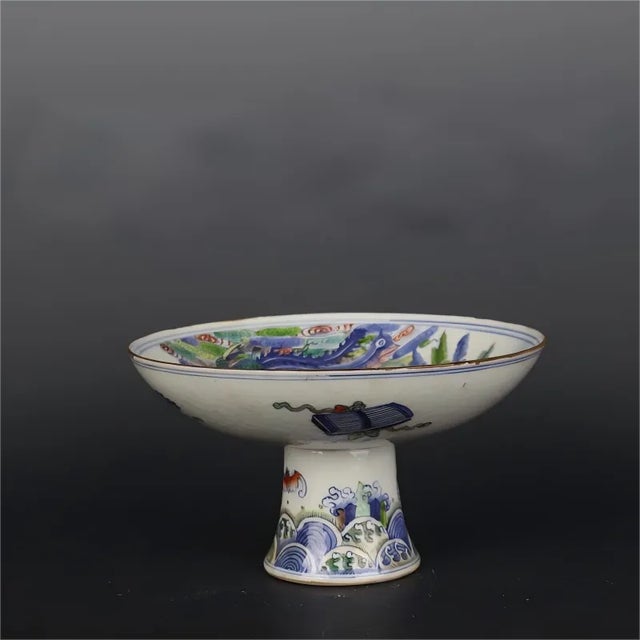 Chinese Vintage Ceramic Stem Bowl,Ming Dynasty Jiajing Marked Blue and White Famille Verte Porcelain Stem Bowl Hand Painted Kylin Phoenix Pattern For Sale - Image 9 of 9