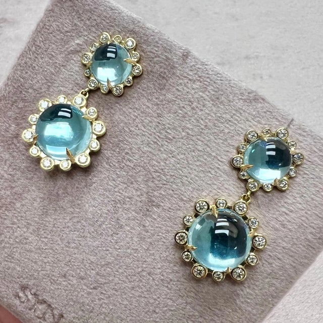 Contemporary Syna Yellow Gold Double Drop Earrings with Blue Topaz and Diamonds, a Pair For Sale - Image 3 of 5