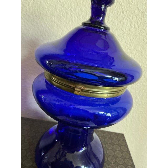 Metal Vintage Cobalt Decanter W/ Metal Hinged Glass Top For Sale - Image 7 of 9