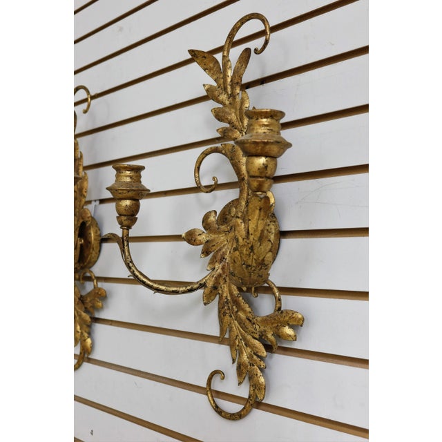 Pair French Style Gold Gilt Metal Candelabra Sconces For Sale - Image 4 of 8