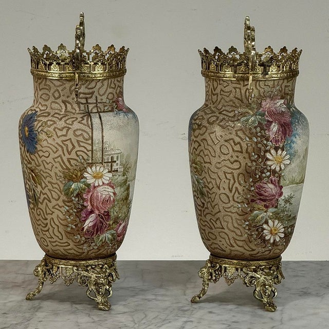 Metal Pair of 19th Century French Gilt Bronze Mounted Hand-Painted Porcelain Vases by Royal Bonn For Sale - Image 7 of 18