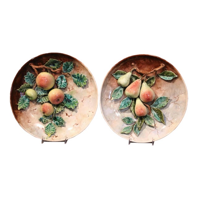 Pair of 19th Century French Hand Painted Ceramic Barbotine Fruit Wall Platters For Sale