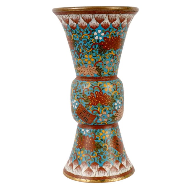 Large Japanese Cloisonne Enamel Trumpet Shaped Vase For Sale - Image 4 of 10