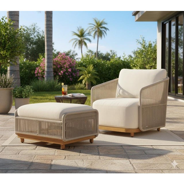 Alpine Teak Wood Outdoor Arm Chair With Biege Rope Design For Sale - Image 4 of 8