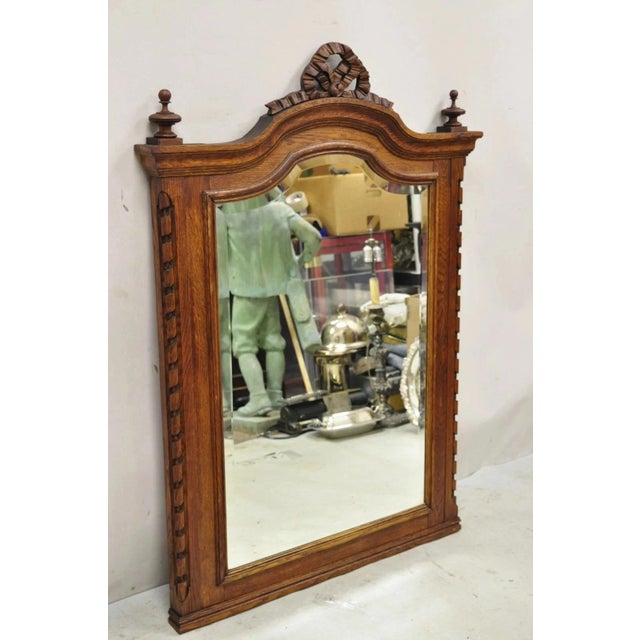 Antique Victorian Carved Oak Wood Ribbon Crest Beveled Glass Wall Mirror For Sale - Image 10 of 10