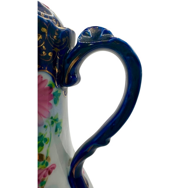Vintage Nippon Style Cobalt Blue and Pink Chocolate Pot For Sale - Image 4 of 12