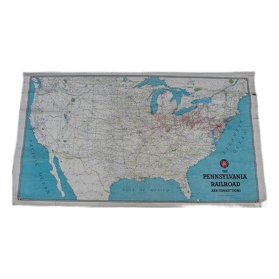 Mid 20th Century Pennsylvania Railroad Routes and USA Wall Map For Sale