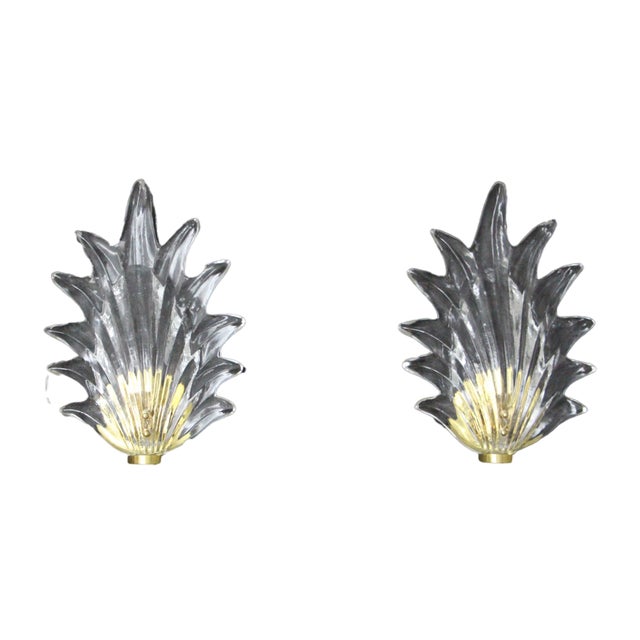 Clear Murano Glass Leaf and Brass Sconces by Barovier, 1980s, Set of 2 For Sale