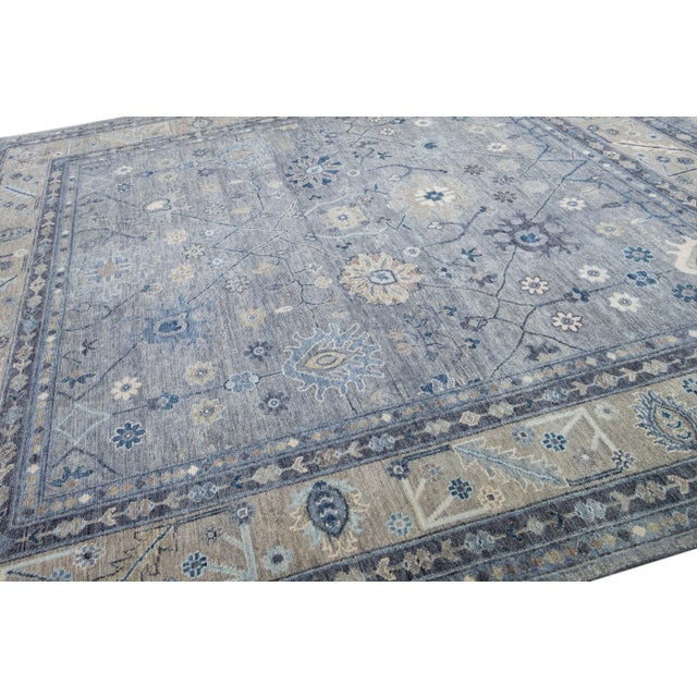 Textile Modern Oushak Style Handmade Floral Motif Gray and Beige Square Wool Rug For Sale - Image 7 of 9