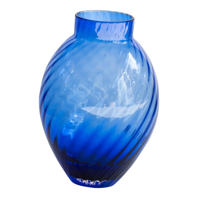 Mid 20th Century Tiffany & Co. Blue Spiral-Cut Glass Vase For Sale