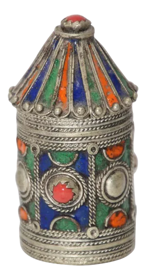 Antique Silver Enameled Kohl Container Box From Kabylie, Algeria