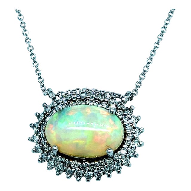 Natural Opal Diamond Pendant Necklace 14k Gold 5.81 TCW Certified For Sale