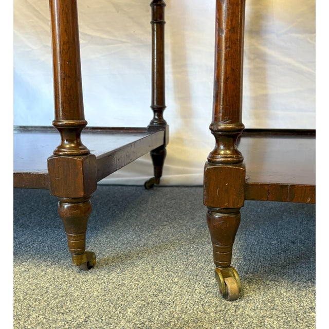 Vintage Regency Style Wood Three Tiered Library Side Tables on Casters- A Pair For Sale - Image 15 of 18