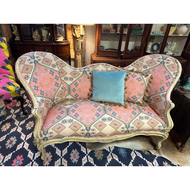 French Provincial Vintage French Provincial Style Settee With Gorgeous Upholstery For Sale - Image 3 of 14