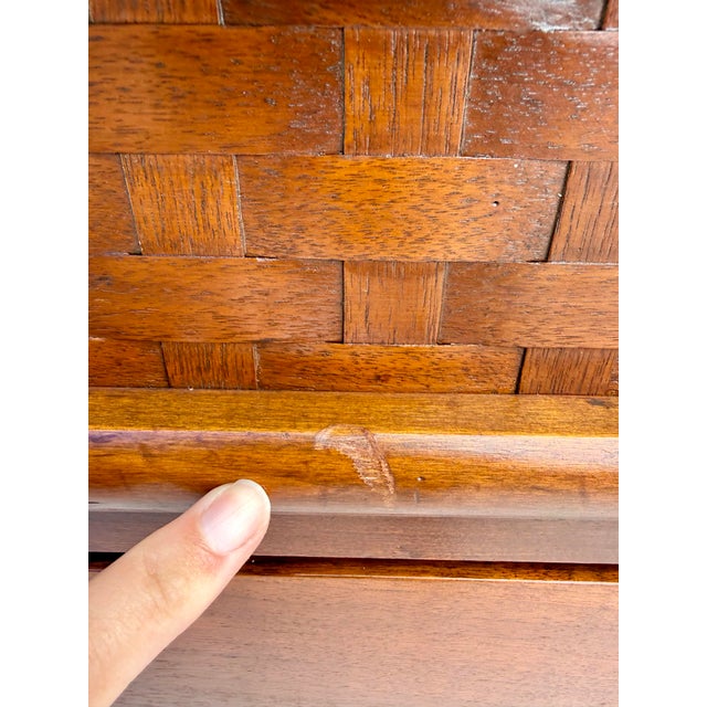 1960s Mid-Century Walnut Highboy Dresser Attributed to Lane With Woven Basketweave Drawers For Sale - Image 5 of 14