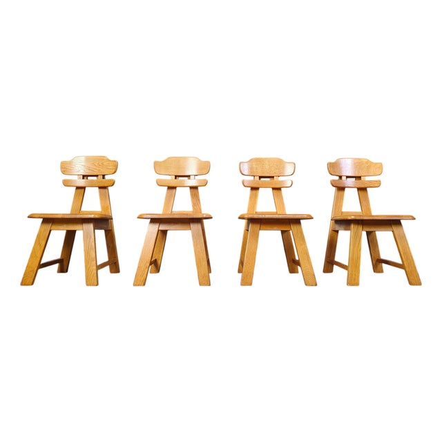 Vintage Brutalist Dutch Oak Dining Chairs, 1960s, Set of 4 For Sale