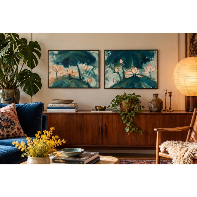Each is hand-dyed batik on natural-fiber cloth, wrapped onto a panel and set in its original dark wood frame with plywood...