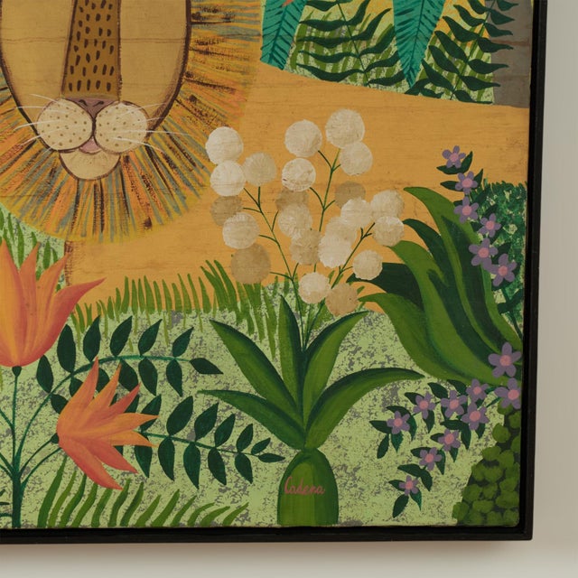 Vintage Naive Painting of a Tiger and a Lion in a Jungle Signed Cadena For Sale - Image 9 of 11