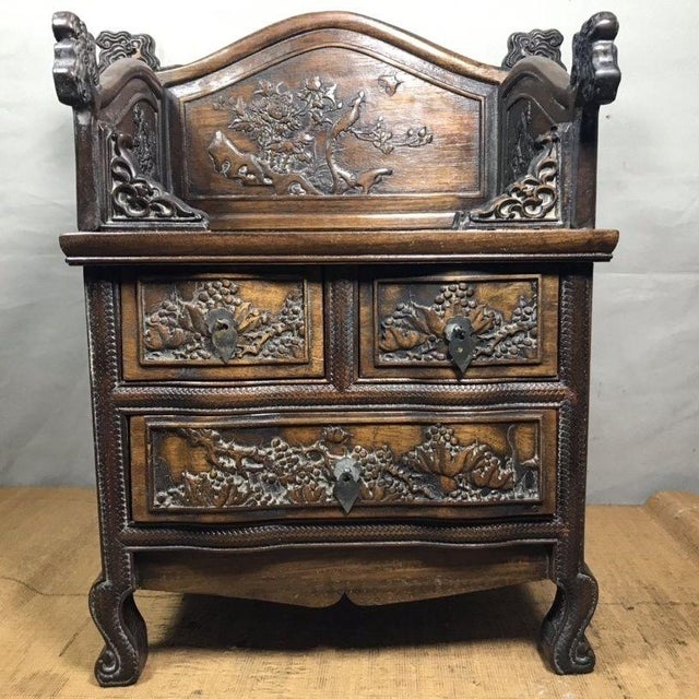 Brown Vintage Chinese Huali Rosewood Altar Shrine Cabinet With Intricate Relief Carvings For Sale - Image 8 of 9