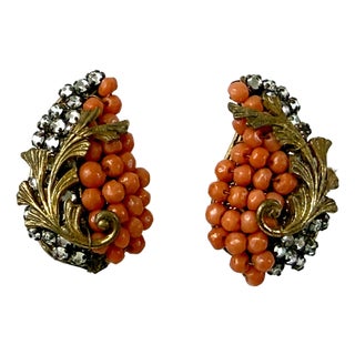 Miriam Haskell Signed Wired Glass Coral Beads & Prong Set Rhinestones Frank Hess For Sale