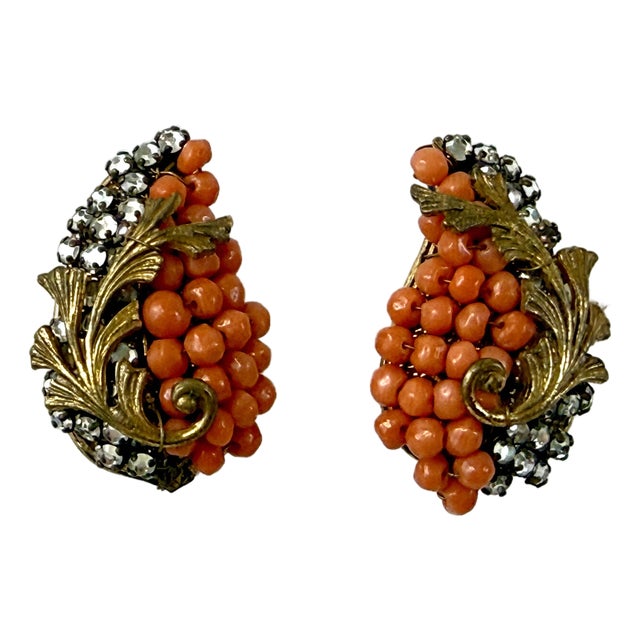 Miriam Haskell Signed Wired Glass Coral Beads & Prong Set Rhinestones Frank Hess For Sale