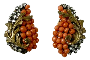 Miriam Haskell Signed Wired Glass Coral Beads & Prong Set Rhinestones Frank Hess