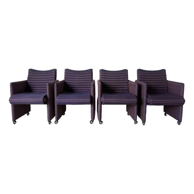 1980s Postmodern Vladimir Kagan Style Upholstered Dining Armchairs With Casters – Set of 4 For Sale