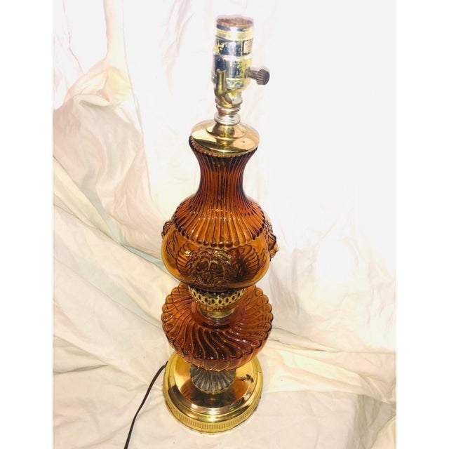 Metal 1960s Brass and Amber Glass Table Lamp For Sale - Image 7 of 8