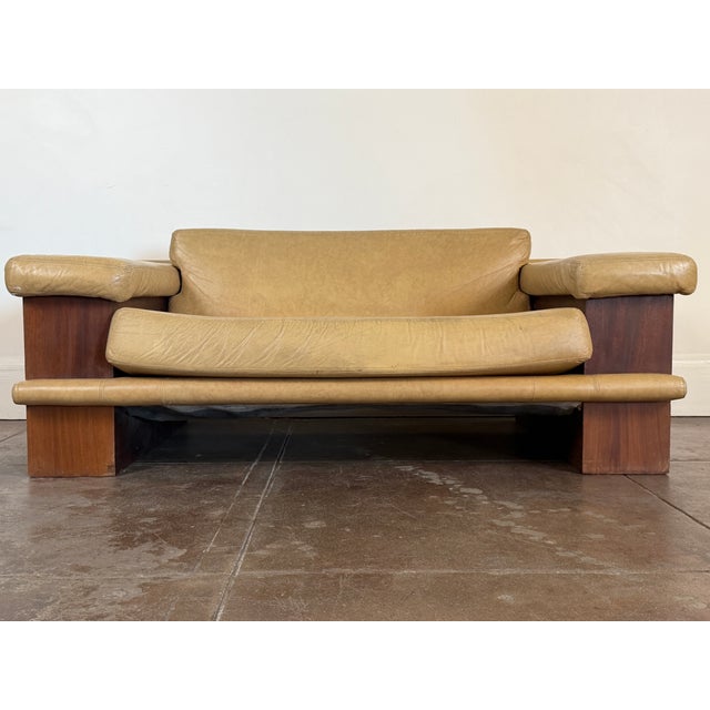 Wood Vintage 1980’s Italian and Walnut Sculptural Leather Loveseat For Sale - Image 7 of 18