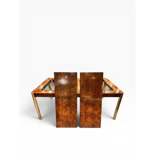 1970s 1970s Century Furniture Burl Wood and Brass Dining Table (Two Leaves) For Sale - Image 5 of 10