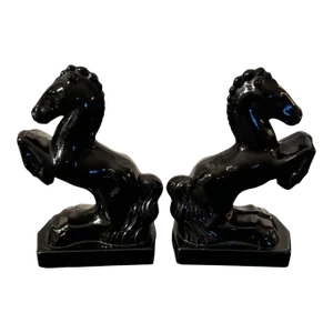 Vintage Black Glass Horse Bookends - a Pair