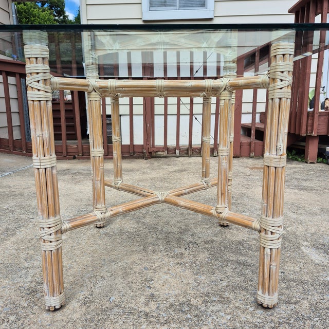 Beige 1970s McGuire Attributed Organic Modern Square Glass Top Rattan Rawhide Base Dining Table For Sale - Image 8 of 13