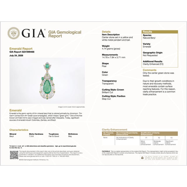 Late 20th Century Gia Natural 4.10Cts Emerald Diamond Solid 18k Gold Pendant Necklace For Sale - Image 15 of 15
