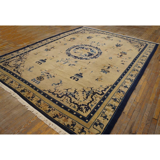 Late 19th Century Superlative Beige Open Field With Details Flowers in a Medallion Design Antique Chinese Peking Rug For Sale - Image 5 of 12