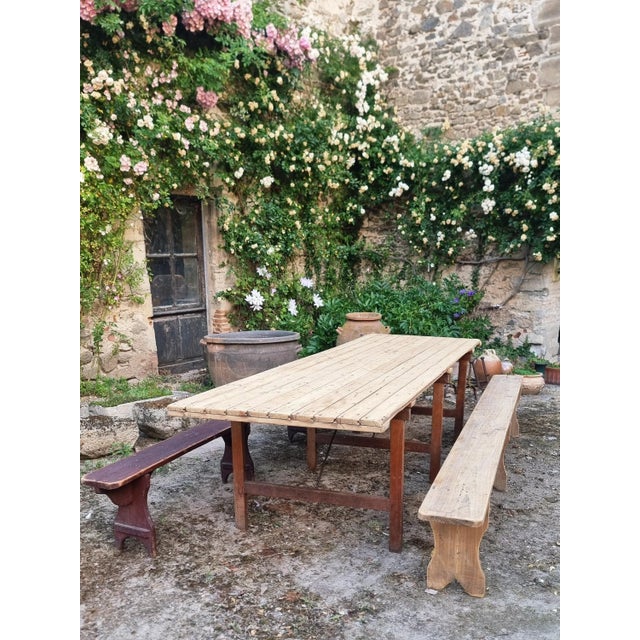 Antique French Folding Garden Table Set with Benches, Pine and Chestnut, 1890s, Set of 3 For Sale - Image 6 of 18