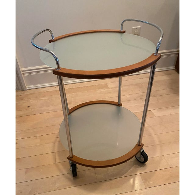 1990s Italian Wood, Sterling, and Frosted Glass 2 Level Bar Cart With Wheels For Sale - Image 4 of 6