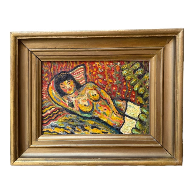 Mid 20th Century French Reclining Nude - Oil on Wood Panel - Ecole De Paris For Sale