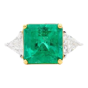 Natural 3.76 Carat Colombian Emerald & Trillion Cut Diamond 3-Stone Ring in 18k, Size 7