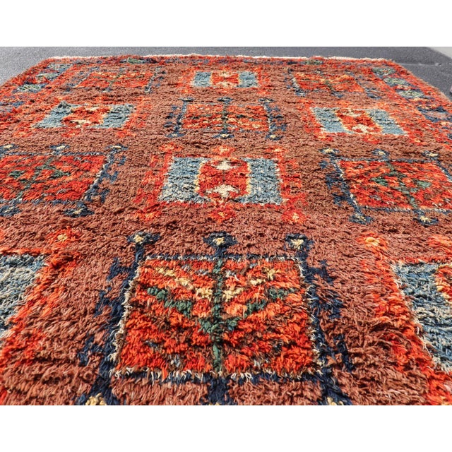 Vintage Turkish Tulu Rug With Bold Red Field and Blue Geometric Motifs For Sale - Image 10 of 12