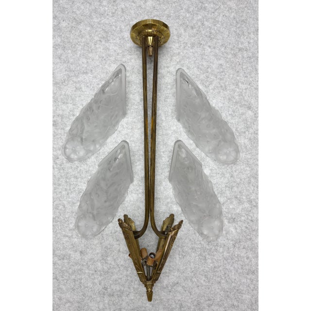 David Gueron Degue French Art Deco Degue Bronze Ceiling Light With Four Signed Glass Panels, Circa 1920s For Sale - Image 4 of 18