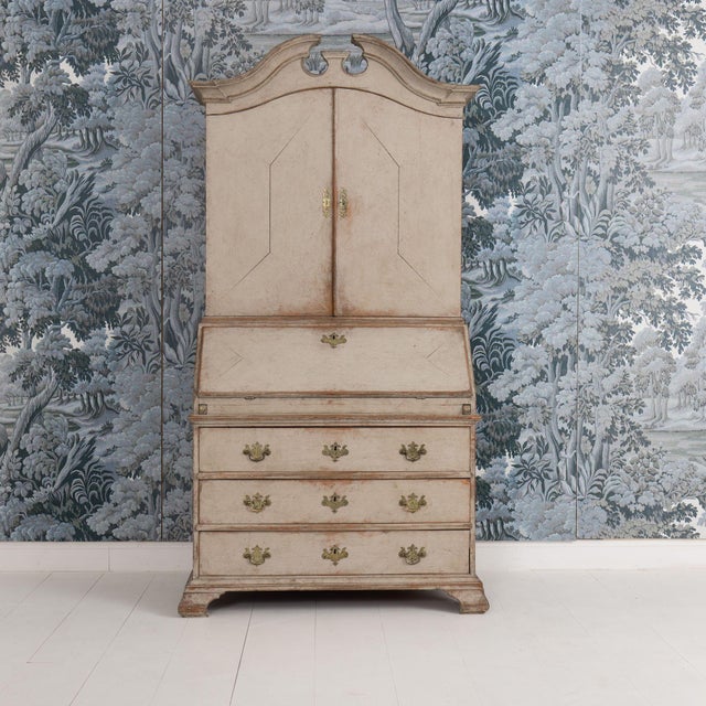 18th C. Swedish Gustavian Period Gray Painted Secretary With Library For Sale - Image 4 of 18