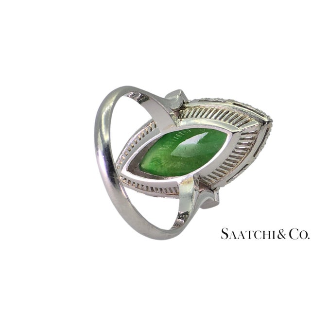 Metal Mid 20th Century Vintage Platinum (950) - Natural Diamond & Jade Ring, Size 6.75 For Sale - Image 7 of 9